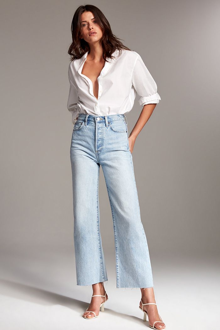 White Shirt and Blue Wide Leg Jeans