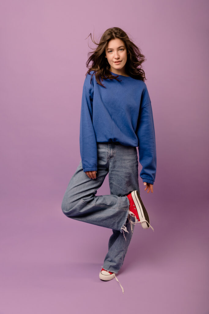 Turtleneck with distress wide leg jeans