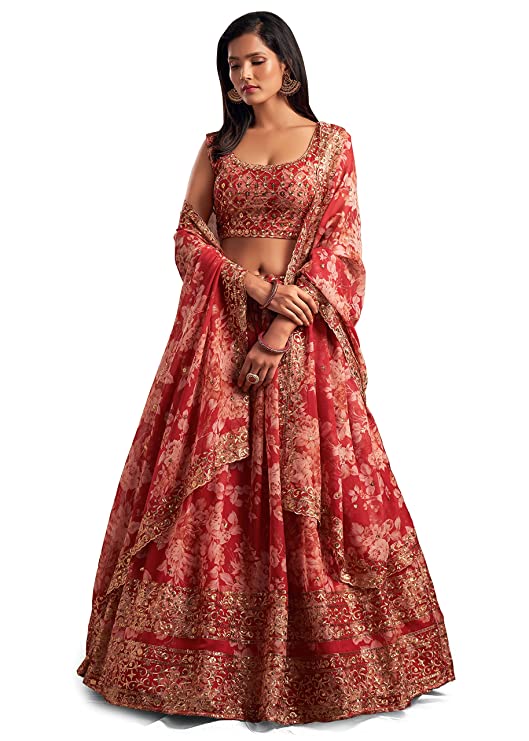 Red Organza Floral Lehenga