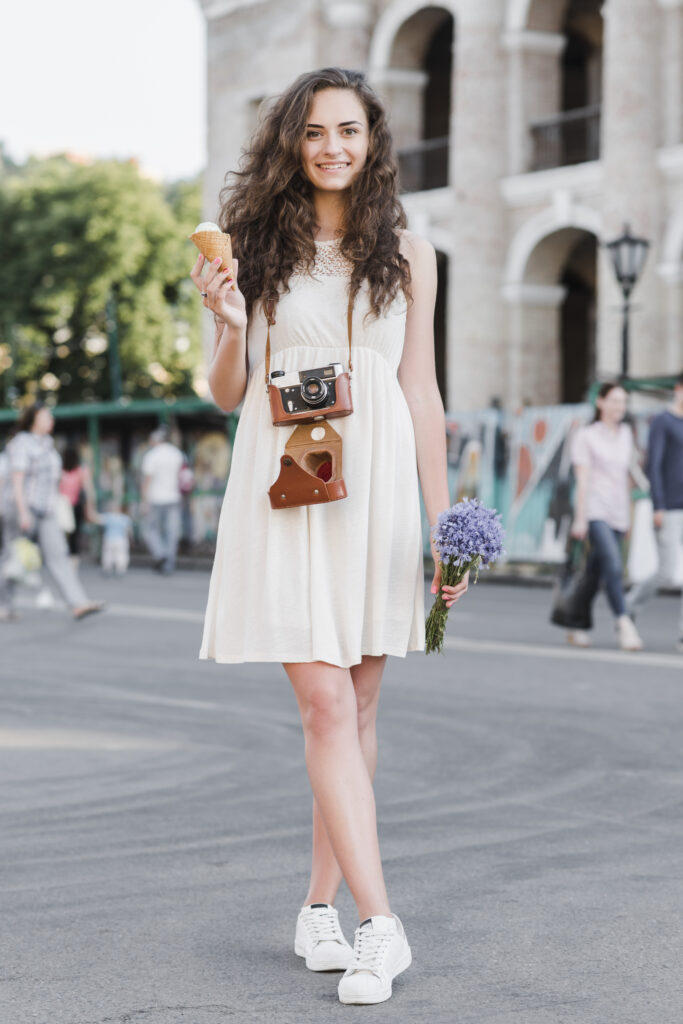 White dress with white sneakers