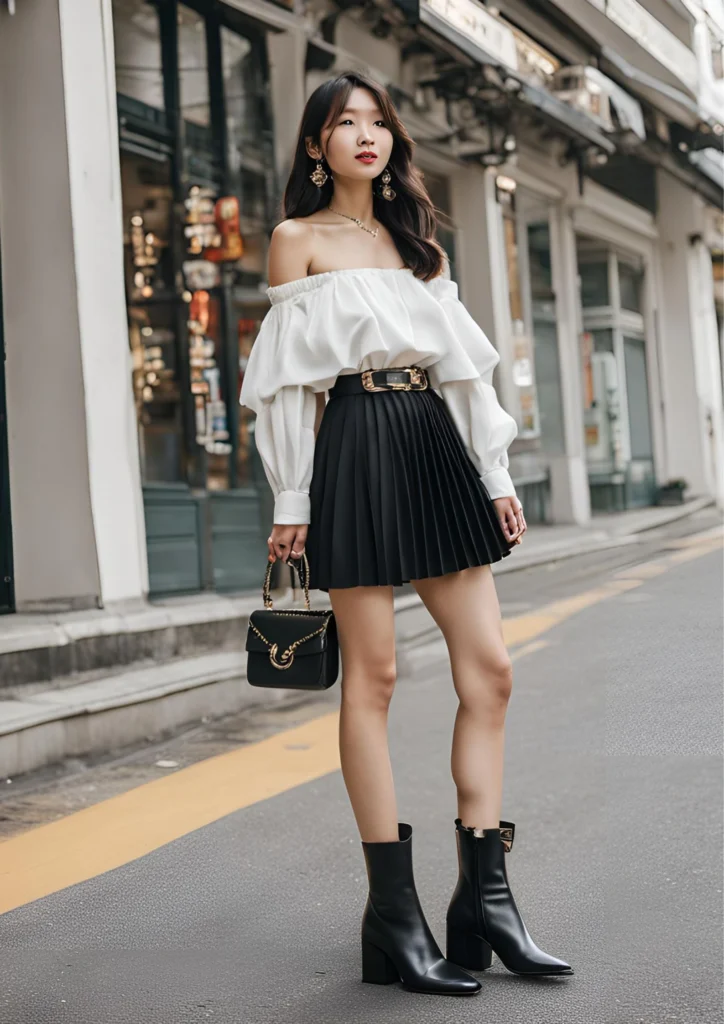 Korean Pleated Skirt with Off-shoulder top