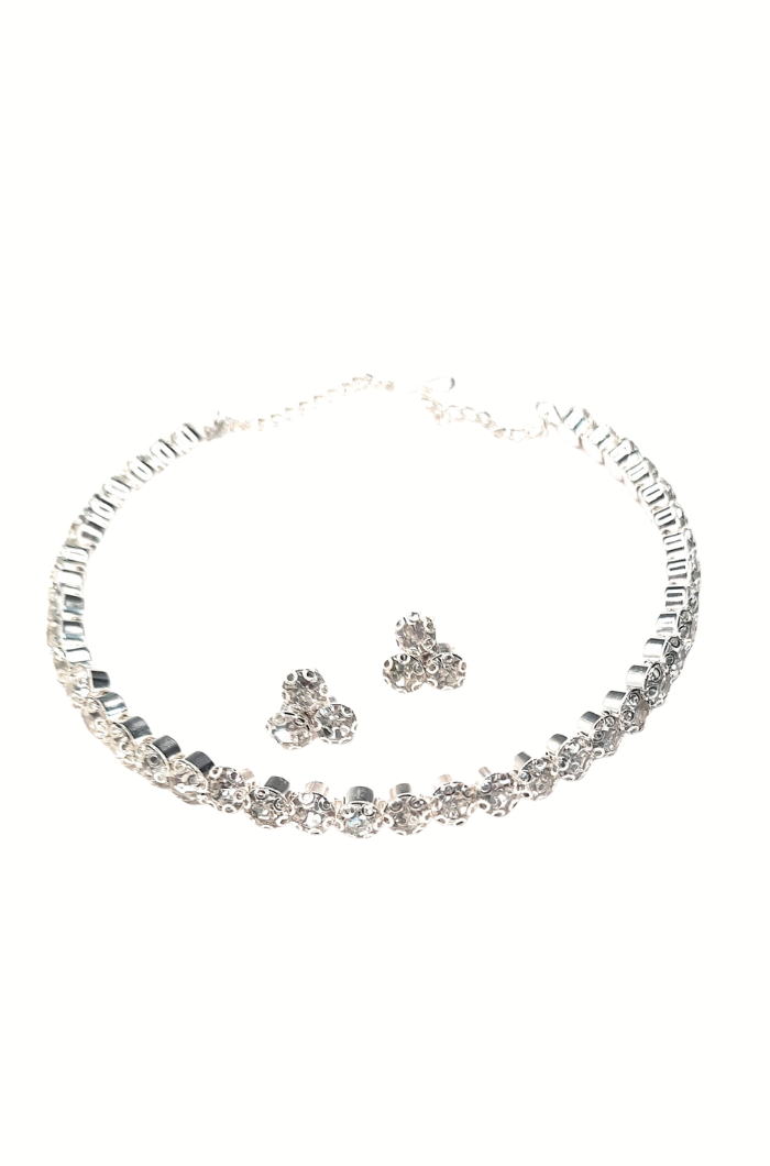 American Diamond Silver Choker Set Silver Choker Set with American Diamond Earrings