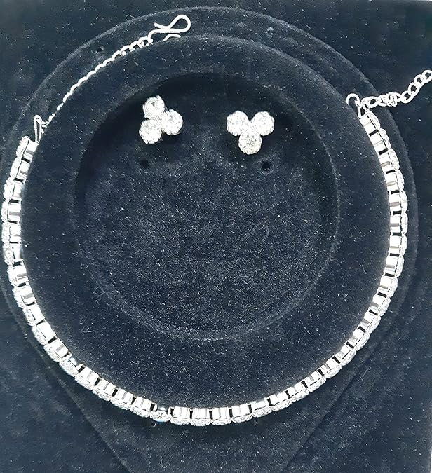 Choker Set with Silver AD Silver Choker Set with American Diamond Earrings